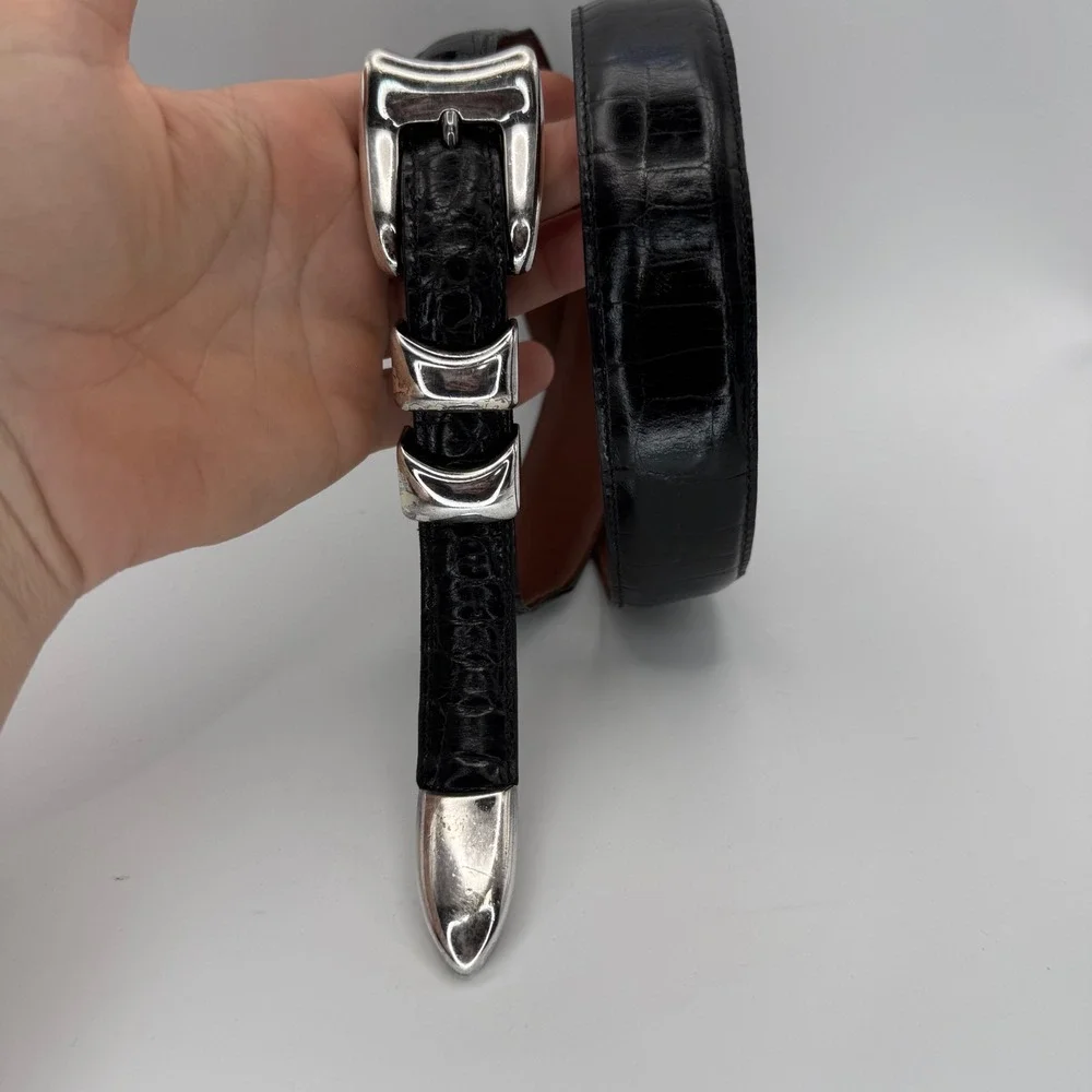 Crookhorn Crocodile Black Leather Belt Silver Hardware Spain Womens 36/90